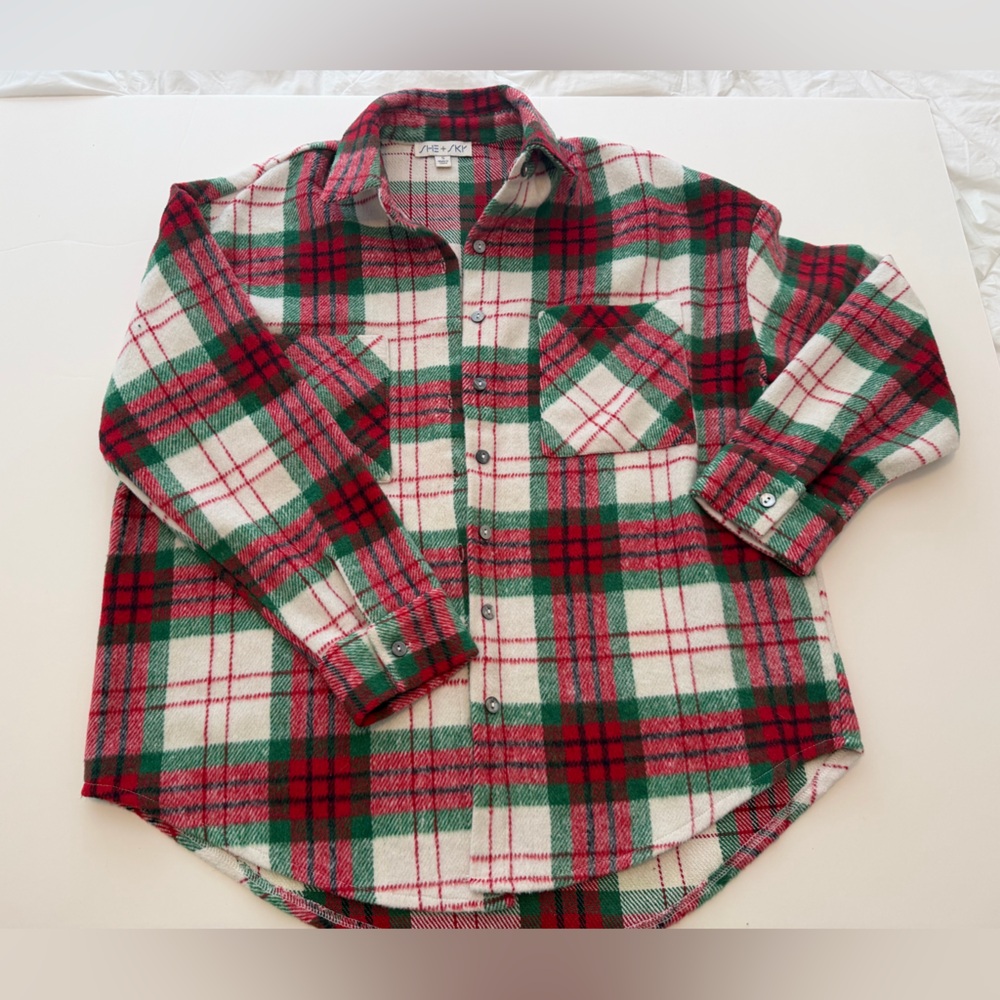 She + Sky Red Green Plaid Shacket Button Front Shirt Jacket Small